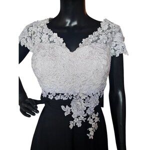 White/Black Lace Top Tea Length Formal Gown